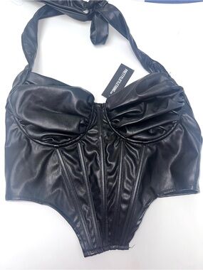 Pretty Little Thing Black Faux Leather Zipper Halter Bustier Top
